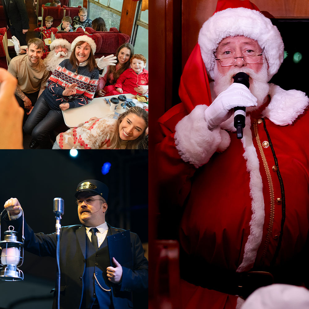 collage of santa speaking into microphone, the conductor with lantern and santa with a family on board the polar express train ride