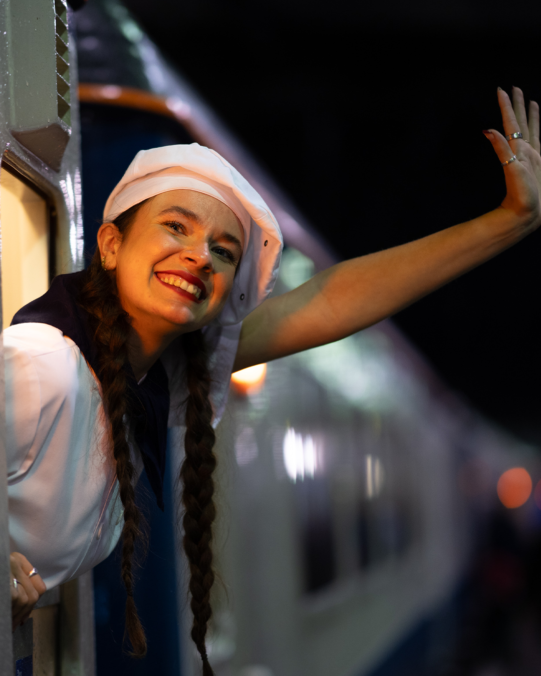 chef waving outside the polar express train ride